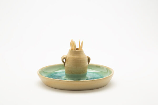 Ceramic dish with miniature jar